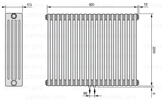 Схема (чертеж) Радиатор Zehnder Charleston 5220/20 №5410 Белый глянцевый RAL 9016